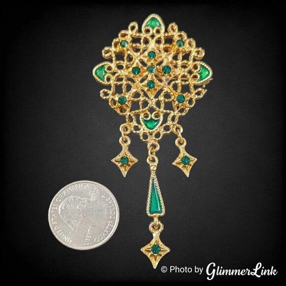 VTG Green Rhinestones & Enamel Filigree Dangles Victorian Style Gold Tone Brooch - Picture 3 of 8